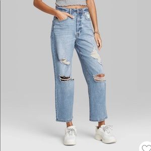 Wild Fable Super High Rise Distressed Straight Jeans Medium Wash